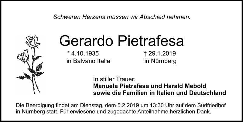  Traueranzeige für Gerardo Pietrafesa vom 02.02.2019 aus Gesamtausgabe Nürnberger Nachrichten/ Nürnberger Ztg.