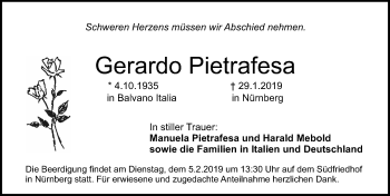 Traueranzeige von Gerardo Pietrafesa von Gesamtausgabe Nürnberger Nachrichten/ Nürnberger Ztg.