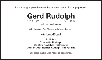Traueranzeige von Gerd Rudolph von Gesamtausgabe Nürnberger Nachrichten/ Nürnberger Ztg.
