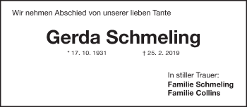 Traueranzeige von Gerda Schmeling von Gesamtausgabe Nürnberger Nachrichten/ Nürnberger Ztg.