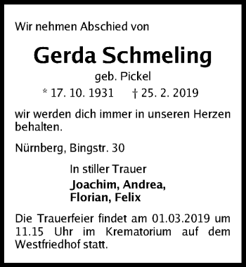 Traueranzeige von Gerda Schmeling von Gesamtausgabe Nürnberger Nachrichten/ Nürnberger Ztg.