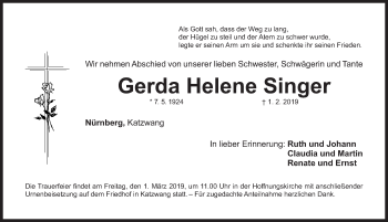 Traueranzeige von Gerda Helene Singer von Gesamtausgabe Nürnberger Nachrichten/ Nürnberger Ztg.