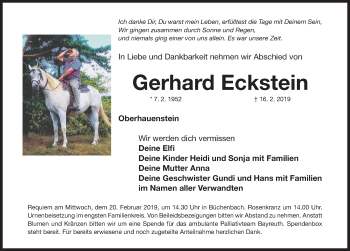 Traueranzeige von Gerhard Eckstein von Nordbayerische Nachrichten Pegnitz Lokal