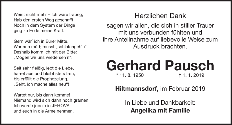  Traueranzeige für Gerhard Pausch vom 16.02.2019 aus Fürther Nachrichten Lokal