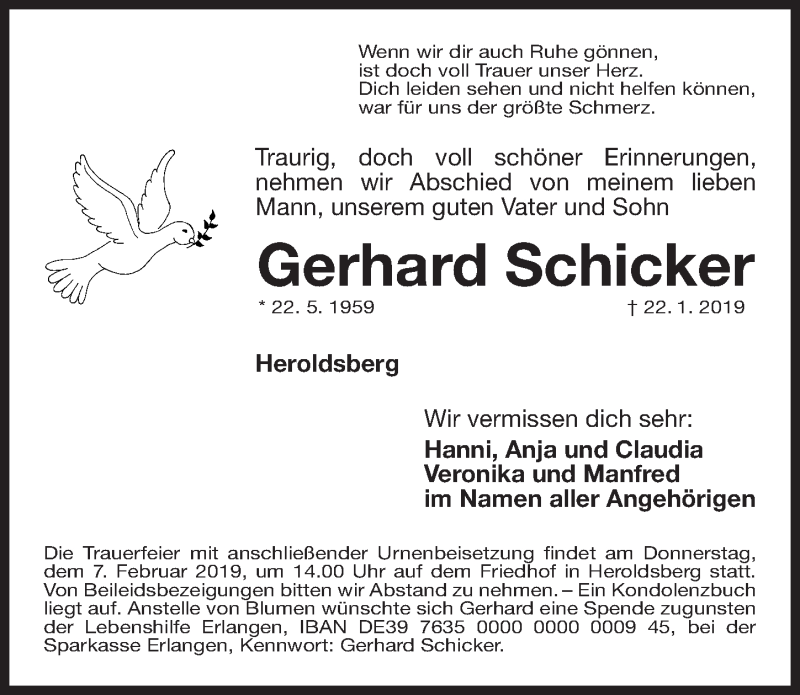  Traueranzeige für Gerhard Schicker vom 05.02.2019 aus Gesamtausgabe Nürnberger Nachrichten/ Nürnberger Ztg.