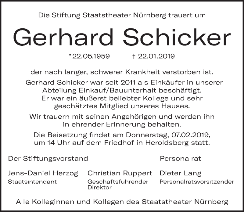  Traueranzeige für Gerhard Schicker vom 05.02.2019 aus Gesamtausgabe Nürnberger Nachrichten/ Nürnberger Ztg.