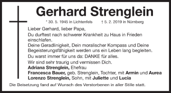 Traueranzeige von Gerhard Strenglein von Gesamtausgabe Nürnberger Nachrichten/ Nürnberger Ztg./ Nordbayer. Nachrichten Forchheim