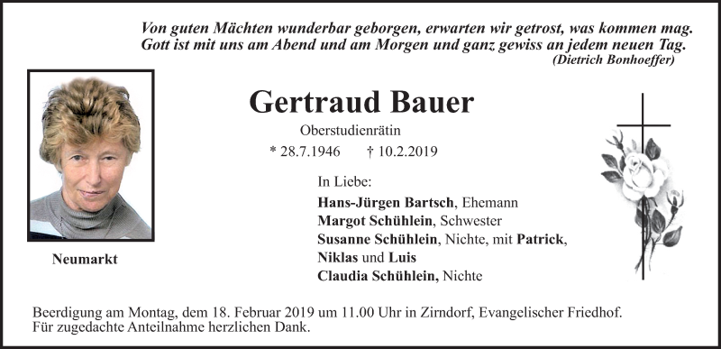  Traueranzeige für Gertraud Bauer vom 15.02.2019 aus HNM,HFN