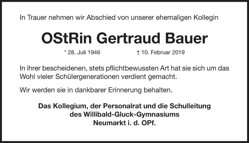  Traueranzeige für Gertraud Bauer vom 16.02.2019 aus Neumarkter Nachrichten Lokal