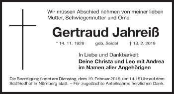 Traueranzeige von Gertraud Jahreiß von Gesamtausgabe Nürnberger Nachrichten/ Nürnberger Ztg.