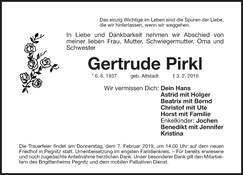  Traueranzeige für Gertrude Pirkl vom 05.02.2019 aus Nordbayerische Nachrichten Pegnitz Lokal