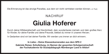 Traueranzeige von Giulia Hoferer von Neumarkter Nachrichten Lokal