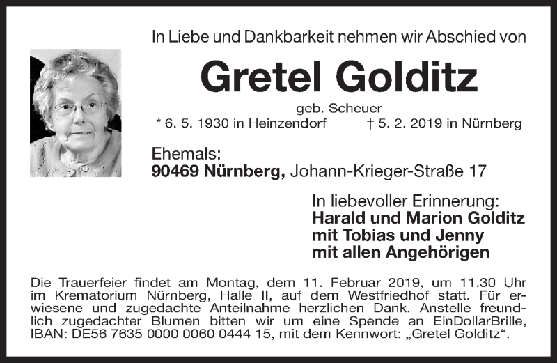  Traueranzeige für Gretel Golditz vom 08.02.2019 aus Gesamtausgabe Nürnberger Nachrichten/ Nürnberger Ztg.