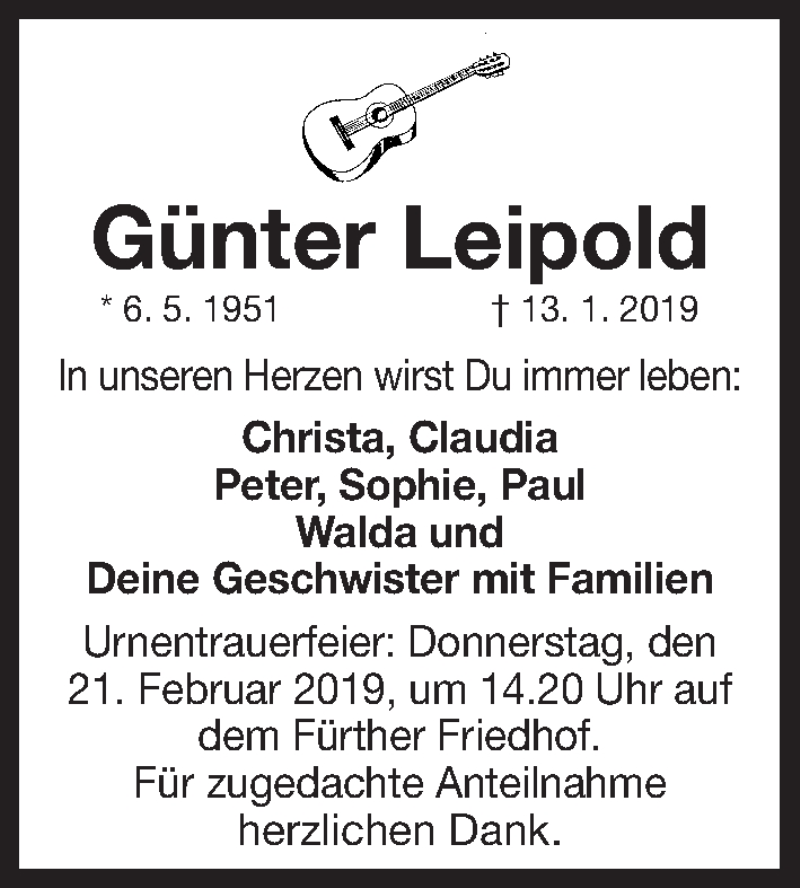  Traueranzeige für Günter Leipold vom 16.02.2019 aus Gesamtausgabe Nürnberger Nachrichten/ Nürnberger Ztg./ Fürther Nachrichten