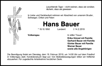 Traueranzeige von Hans Bauer von Schwabach