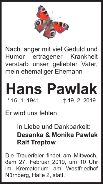 Traueranzeige von Hans Pawlak von Gesamtausgabe Nürnberger Nachrichten/ Nürnberger Ztg.
