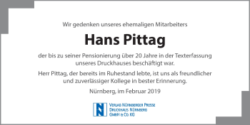 Traueranzeige von Hans Pittag von Gesamtausgabe Nürnberger Nachrichten/ Nürnberger Ztg.