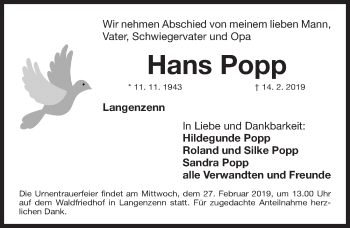 Traueranzeige von Hans Popp von Fürther Nachrichten Lokal