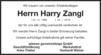 Traueranzeige von Harry Zangl von Gesamtausgabe Nürnberger Nachrichten/ Nürnberger Ztg.