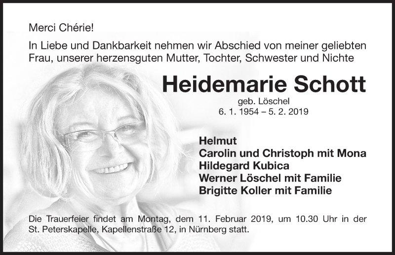  Traueranzeige für Heidemarie Schott vom 08.02.2019 aus Gesamtausgabe Nürnberger Nachrichten/ Nürnberger Ztg.