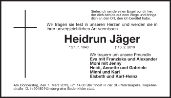 Traueranzeige von Heidrun Jäger von Gesamtausgabe Nürnberger Nachrichten/ Nürnberger Ztg.