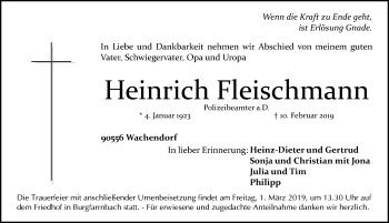 Traueranzeige von Heinrich Fleischmann von Fürther Nachrichten Lokal