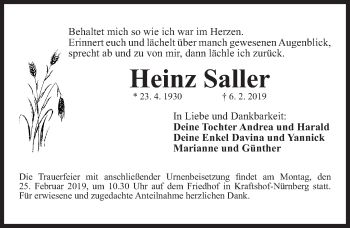 Traueranzeige von Heinz Saller von Gesamtausgabe Nürnberger Nachrichten/ Nürnberger Ztg.