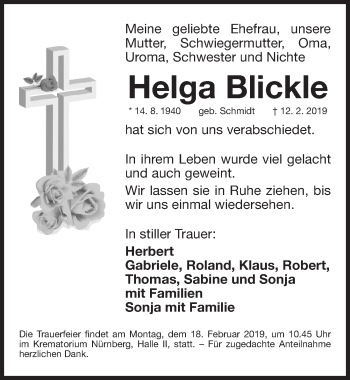 Traueranzeige von Helga Blickle von Gesamtausgabe Nürnberger Nachrichten/ Nürnberger Ztg.