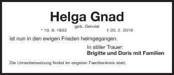 Traueranzeige von Helga Gnad von Gesamtausgabe Nürnberger Nachrichten/ Nürnberger Ztg.
