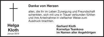 Traueranzeige von Helga Kloth von Gesamtausgabe Nürnberger Nachrichten/ Nürnberger Ztg.