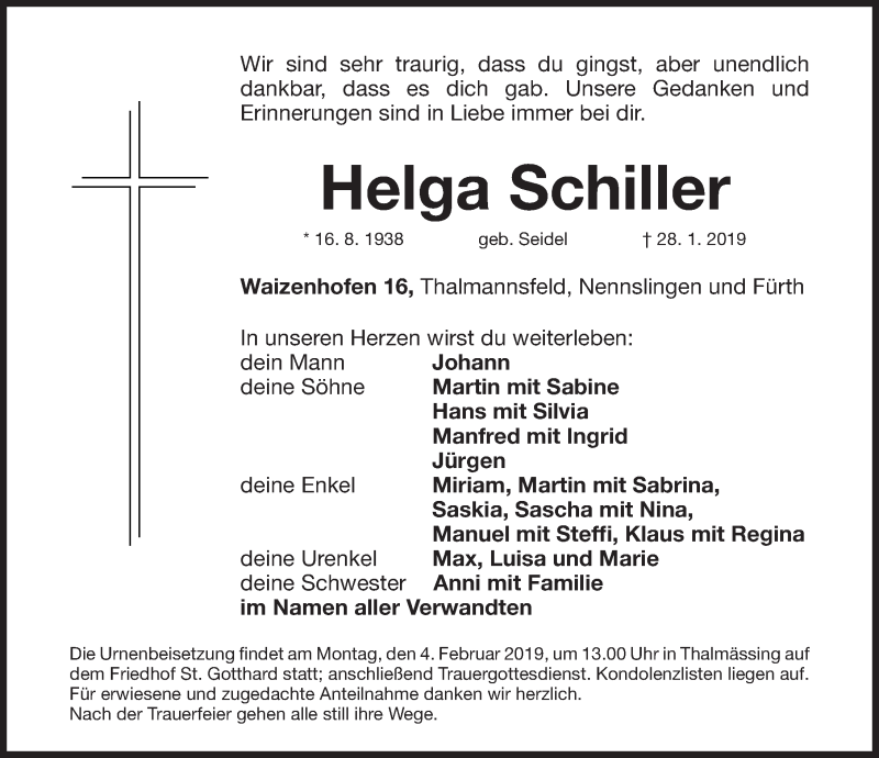 Traueranzeigen Von Helga Schiller | Trauer.nn.de