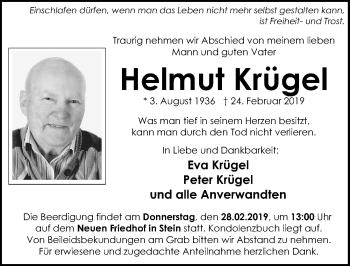 Traueranzeige von Helmut Krügel von Gesamtausgabe Nürnberger Nachrichten/ Nürnberger Ztg.