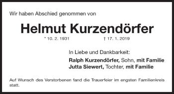 Traueranzeige von Helmut Kurzendörfer von Fürther Nachrichten Lokal