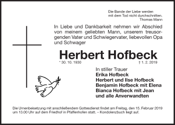 Traueranzeige von Herbert Hofbeck von Roth-Hilpoltsteiner Volkszeitung Lokal