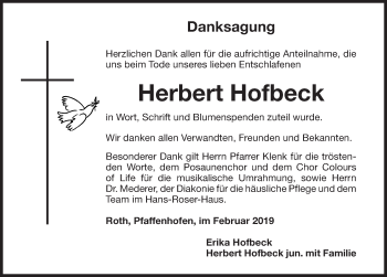 Traueranzeige von Herbert Hofbeck von Roth-Hilpoltsteiner Volkszeitung Lokal