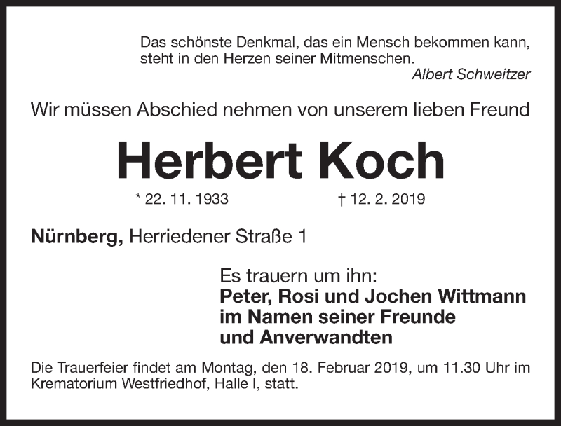  Traueranzeige für Herbert Koch vom 16.02.2019 aus Gesamtausgabe Nürnberger Nachrichten/ Nürnberger Ztg.
