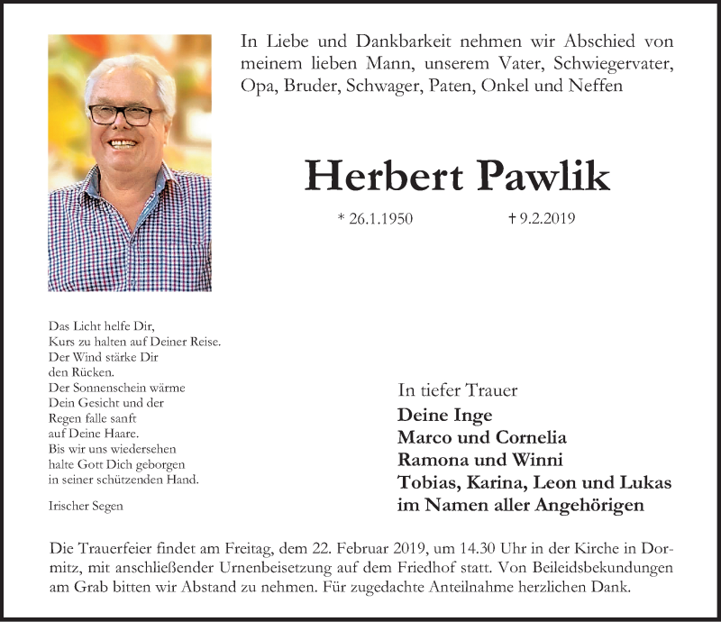  Traueranzeige für Herbert Pawlik vom 16.02.2019 aus Erlanger Nachrichten/ Nordbayer. Nachrichten Forchheim