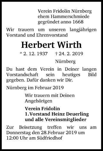 Traueranzeige von Herbert Wirth von Gesamtausgabe Nürnberger Nachrichten/ Nürnberger Ztg.