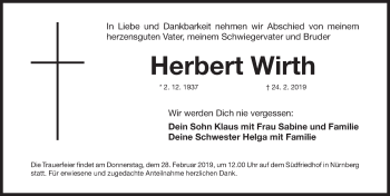 Traueranzeige von Herbert Wirth von Gesamtausgabe Nürnberger Nachrichten/ Nürnberger Ztg.