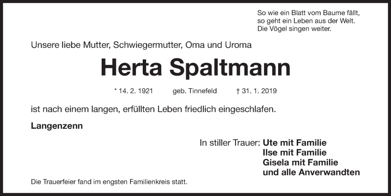  Traueranzeige für Herta Spaltmann vom 23.02.2019 aus Fürther Nachrichten Lokal