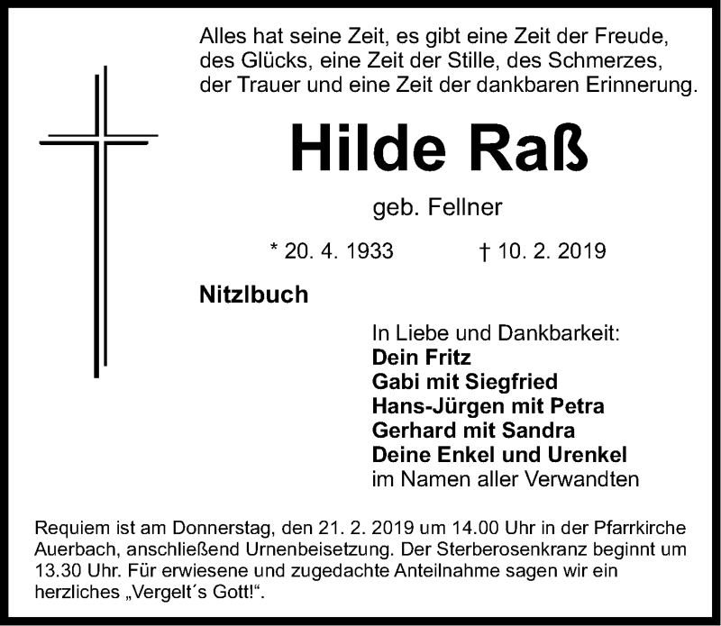  Traueranzeige für Hilde Raß vom 15.02.2019 aus Nordbayerische Nachrichten Pegnitz Lokal