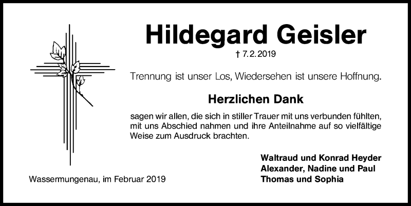  Traueranzeige für Hildegard Geister vom 16.02.2019 aus Schwabach