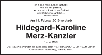 Traueranzeige von Hildegard-Karoline Merz-Kanzler von Gesamtausgabe Nürnberger Nachrichten/ Nürnberger Ztg.