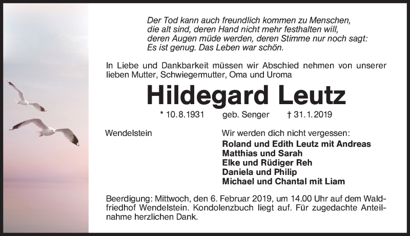  Traueranzeige für Hildegard Leutz vom 04.02.2019 aus Schwabach