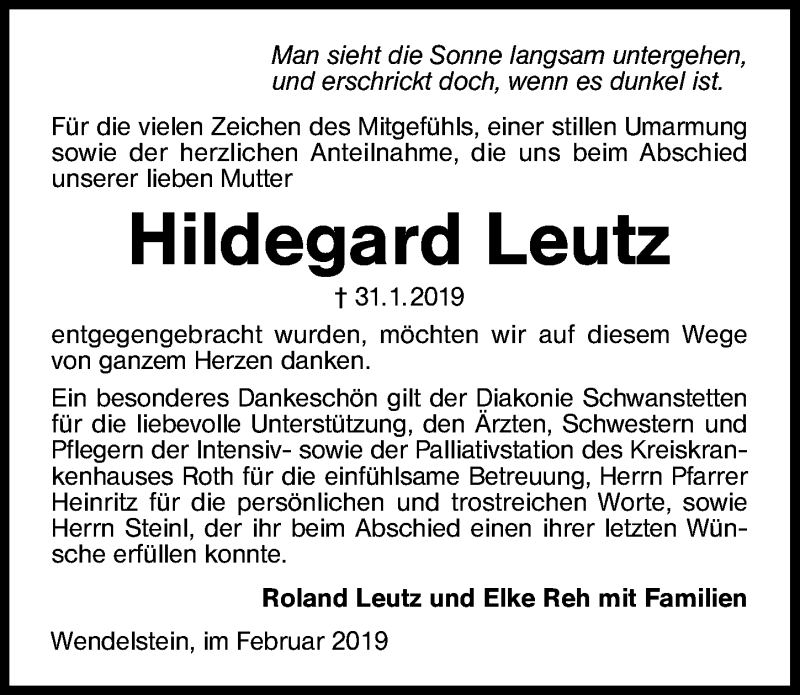  Traueranzeige für Hildegard Leutz vom 20.02.2019 aus Schwabach