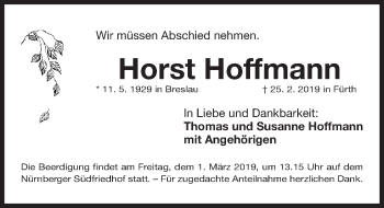 Traueranzeige von Horst Hoffmann von Gesamtausgabe Nürnberger Nachrichten/ Nürnberger Ztg.