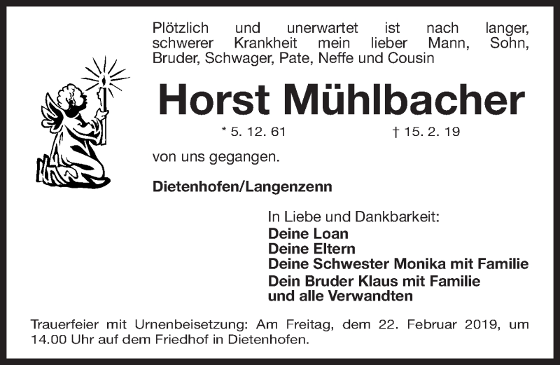  Traueranzeige für Horst Mühlbacher vom 19.02.2019 aus Fürther Nachrichten Lokal