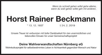 Traueranzeige von Horst Rainer Beckmann von Gesamtausgabe Nürnberger Nachrichten/ Nürnberger Ztg.