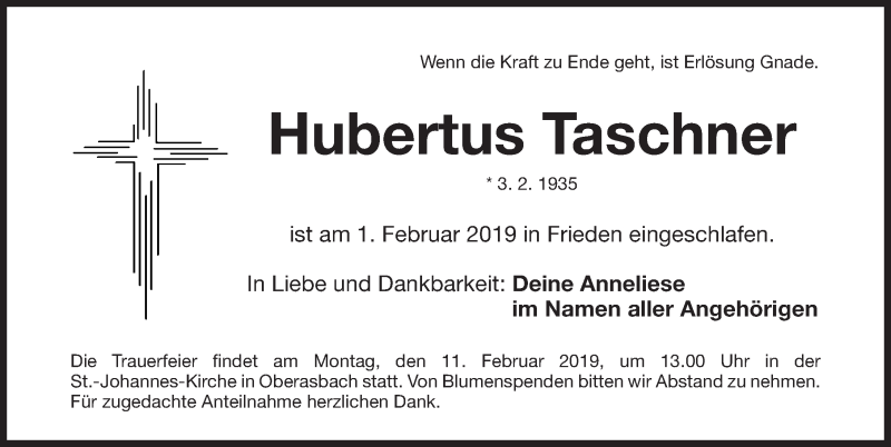  Traueranzeige für Hubertus Taschner vom 08.02.2019 aus Fürther Nachrichten Lokal