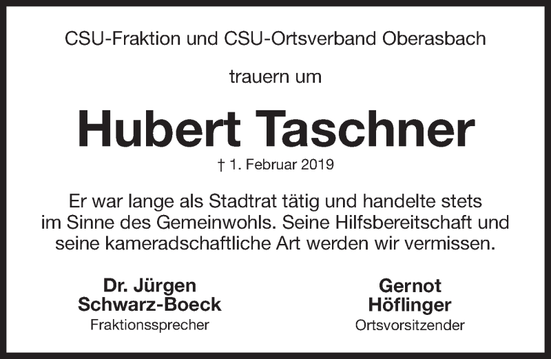  Traueranzeige für Hubertus Taschner vom 08.02.2019 aus Fürther Nachrichten Lokal